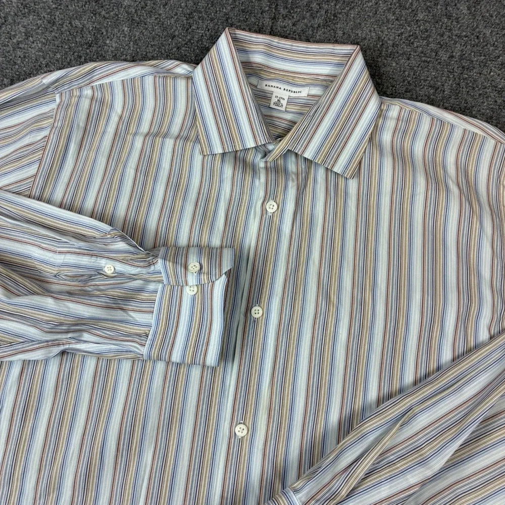 Banana Republic Mens XL Dress Shirt Blue‎ Brown Striped Long Sleeve Button Down